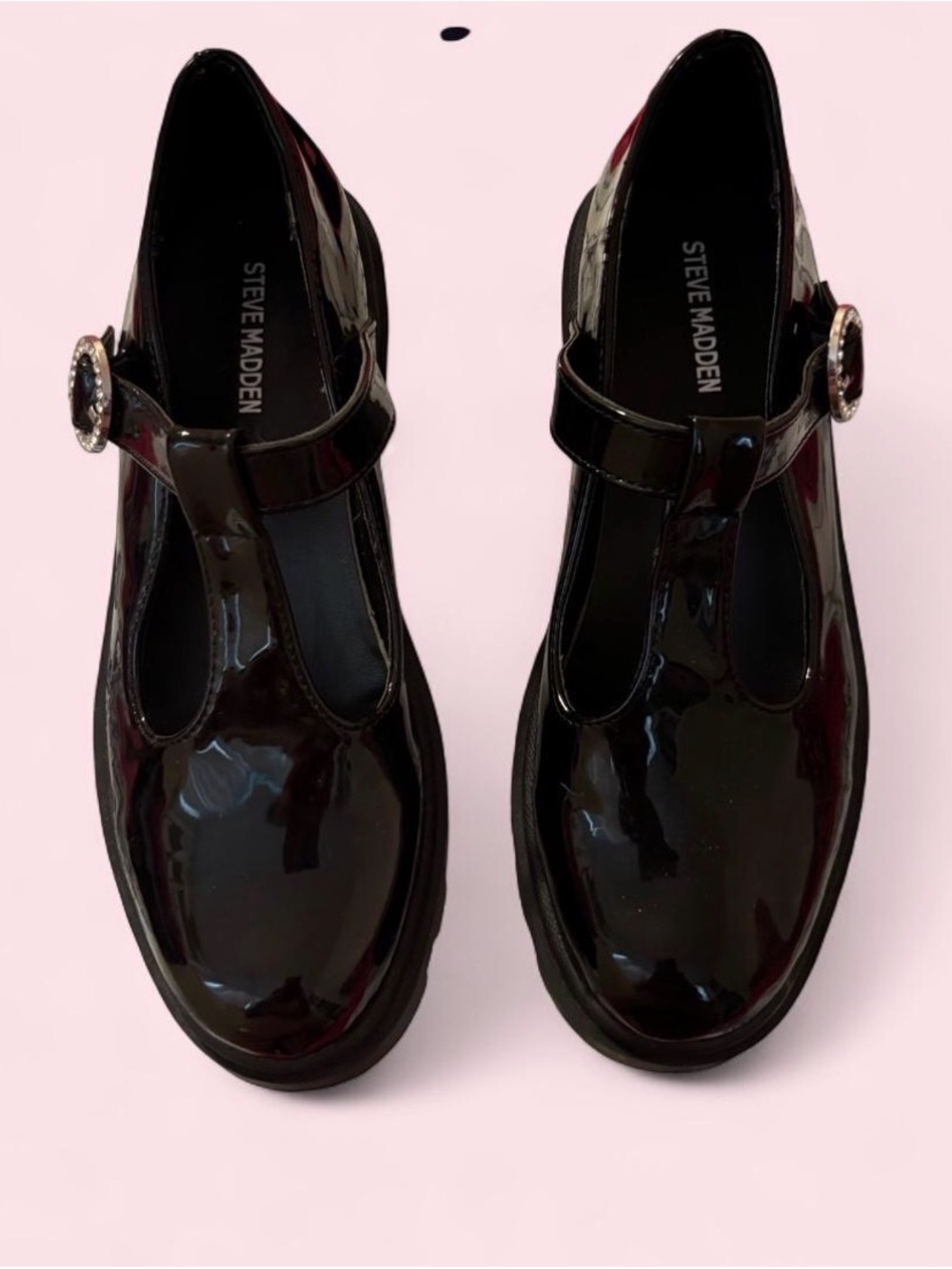 Steve Madden Black Patent T-Strap Loafers with Buckle